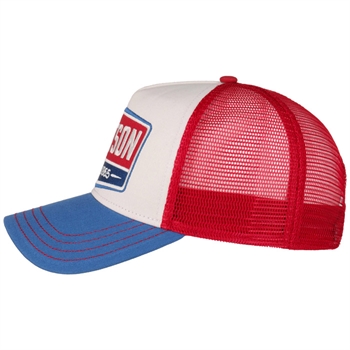 Frisk og lækker Stetson trucker cap i røde, blå og hvide farver.